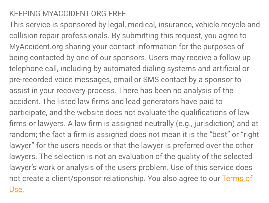 MyAccident.org fine print stating contact information is shared with sponsors including law firms and lead generators who paid to participate, with automated dialing systems
